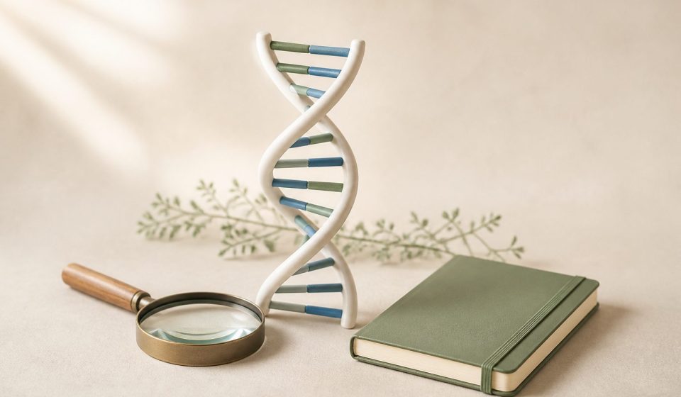 DNA helix model with magnifying glass and notebook - illustration for Genetic Counseling Clinics: Understanding Your DNA and Health Risks