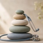 Stacked colorful age milestone stones with stethoscope - illustration for Healthcare Tips for Every Stage of Life