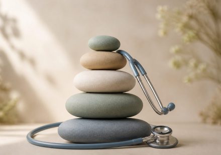 Stacked colorful age milestone stones with stethoscope - illustration for Healthcare Tips for Every Stage of Life