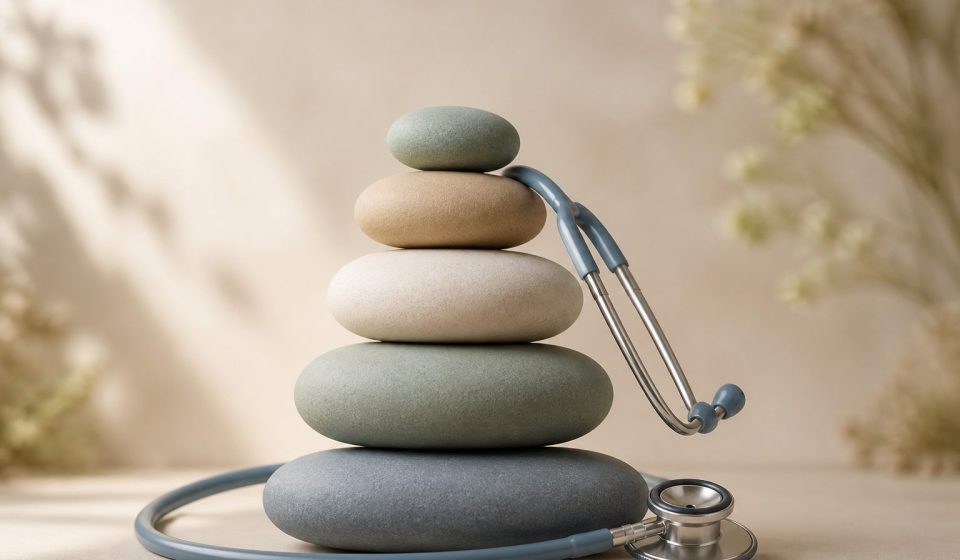 Stacked colorful age milestone stones with stethoscope - illustration for Healthcare Tips for Every Stage of Life