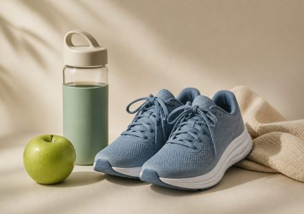 Water bottle apple and running shoes - illustration for Healthy Lifestyle Habits Recommended by Doctors