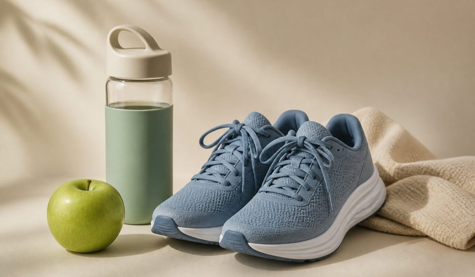 Water bottle apple and running shoes - illustration for Healthy Lifestyle Habits Recommended by Doctors