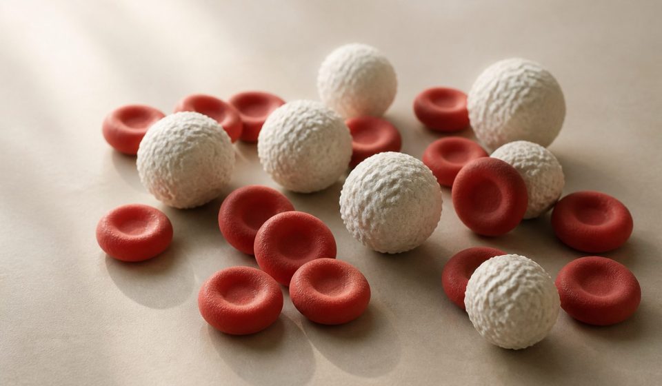 Red and white blood cell models on table - illustration for Hematology Clinics: Blood Disorders and What to Expect