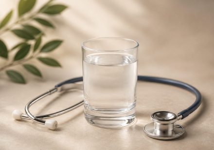 Glass of water with a stethoscope on table - illustration for Early signs your body needs a full health evaluation