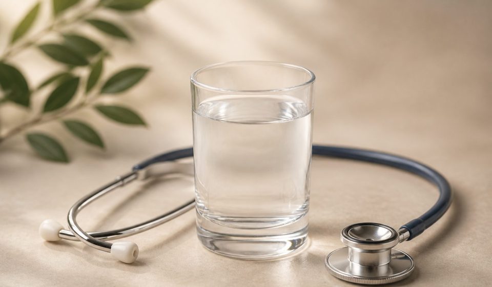 Glass of water with a stethoscope on table - illustration for Early signs your body needs a full health evaluation