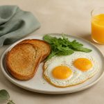 Breakfast plate with eggs toast and orange juice - illustration for How daily routine shifts impact appetite and hunger cues