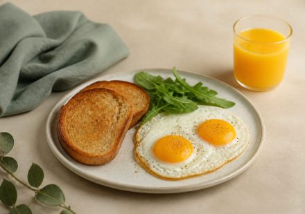 Breakfast plate with eggs toast and orange juice - illustration for How daily routine shifts impact appetite and hunger cues