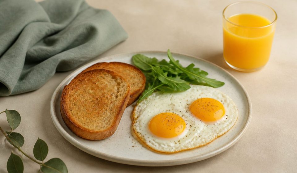 Breakfast plate with eggs toast and orange juice - illustration for How daily routine shifts impact appetite and hunger cues