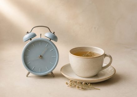 Alarm clock beside a cup of herbal tea - illustration for How Changes in Daily Routine Can Affect Your Normal Sleep Pattern