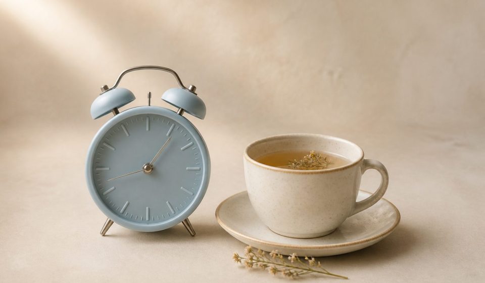 Alarm clock beside a cup of herbal tea - illustration for How Changes in Daily Routine Can Affect Your Normal Sleep Pattern