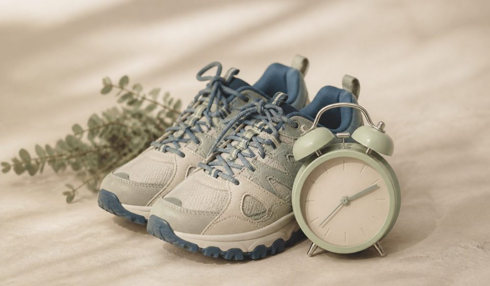 Alarm clock beside a pair of walking shoes - illustration for How Changes in Routine Can Influence Your Physical Function
