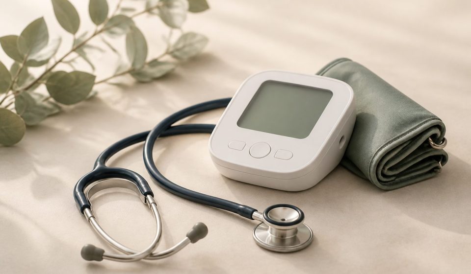 Stethoscope and blood pressure monitor on table - illustration for How clinics support long-term care for chronic conditions