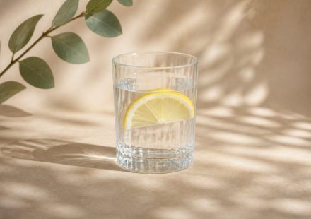 Glass of water with lemon slice on table - illustration for How dehydration affects focus and physical performance