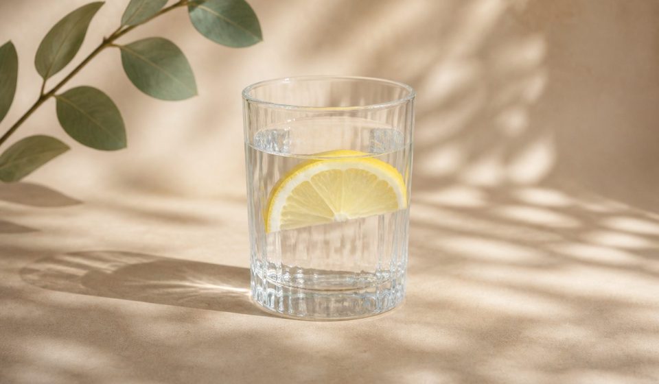 Glass of water with lemon slice on table - illustration for How dehydration affects focus and physical performance