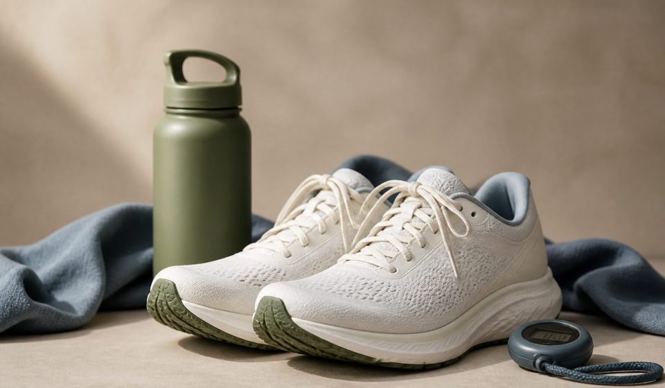 Running shoes water bottle and stopwatch - illustration for How Different Types of Physical Activity Affect the Body