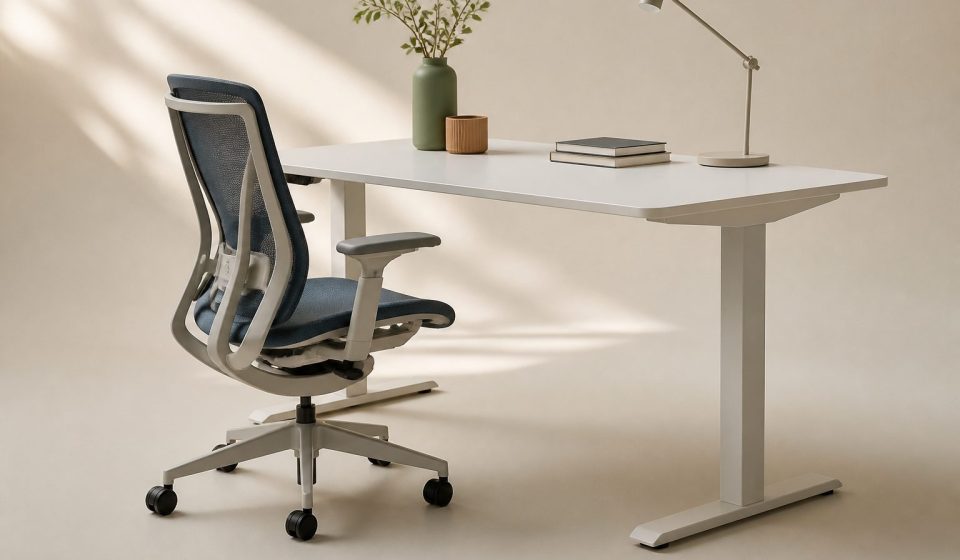 Ergonomic office chair and adjustable desk setup - illustration for How your work environment impacts physical comfort and health