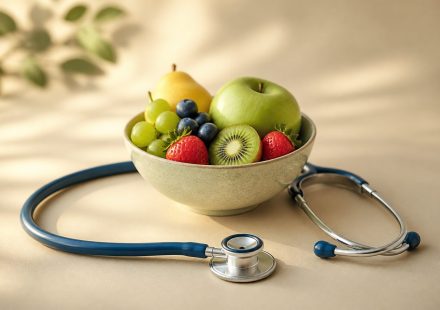 Stethoscope resting beside fresh fruit bowl - illustration for How Healthcare Clinics Promote Community Wellness