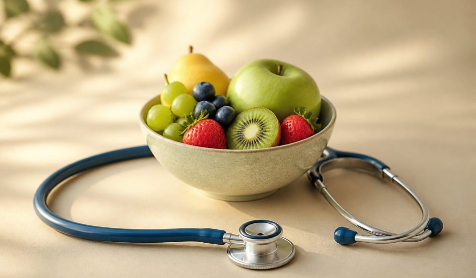 Stethoscope resting beside fresh fruit bowl - illustration for How Healthcare Clinics Promote Community Wellness