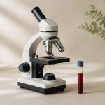 Microscope and blood sample vial on table - illustration for How Healthcare Clinics Use Advanced Technology for Accurate Diagnosis