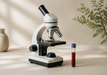 Microscope and blood sample vial on table - illustration for How Healthcare Clinics Use Advanced Technology for Accurate Diagnosis