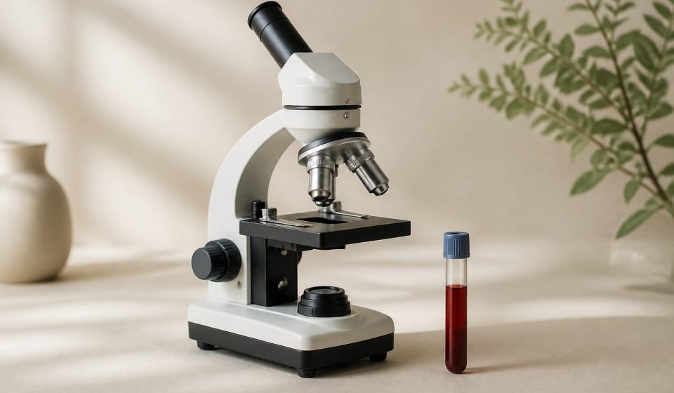 Microscope and blood sample vial on table - illustration for How Healthcare Clinics Use Advanced Technology for Accurate Diagnosis