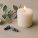 Earplugs next to a quiet white candle - illustration for How noise exposure affects your everyday well-being