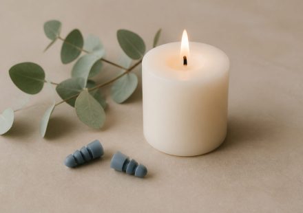 Earplugs next to a quiet white candle - illustration for How noise exposure affects your everyday well-being
