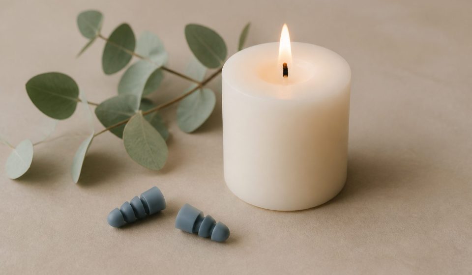 Earplugs next to a quiet white candle - illustration for How noise exposure affects your everyday well-being