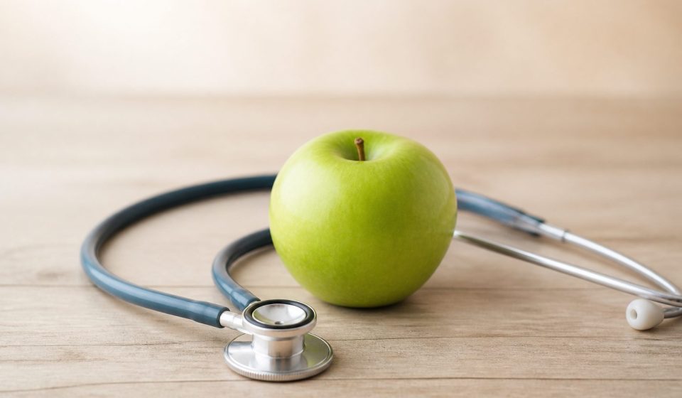 Green apple with stethoscope on wooden table - illustration for How Preventive Healthcare Can Improve Your Quality of Life