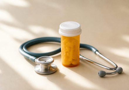 Stethoscope beside a prescription pill bottle - illustration for How Primary Care Clinics Support Long-Term Health