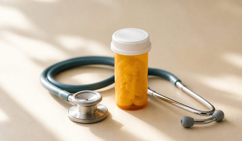 Stethoscope beside a prescription pill bottle - illustration for How Primary Care Clinics Support Long-Term Health