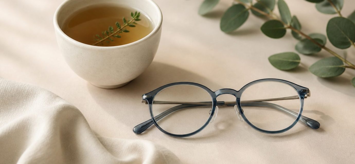 Glasses with a warm cup of herbal tea - illustration for How prolonged screen time impacts your eyes, posture, and sleep