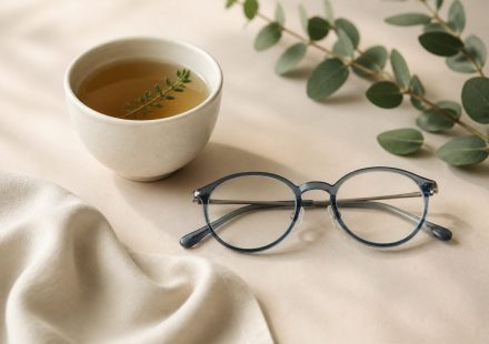 Glasses with a warm cup of herbal tea - illustration for How prolonged screen time impacts your eyes, posture, and sleep