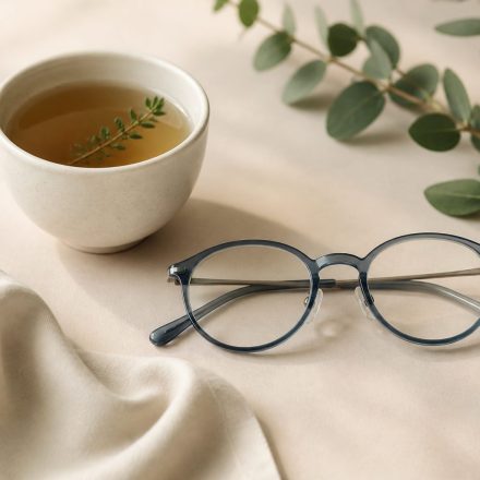 Glasses with a warm cup of herbal tea - illustration for How prolonged screen time impacts your eyes, posture, and sleep