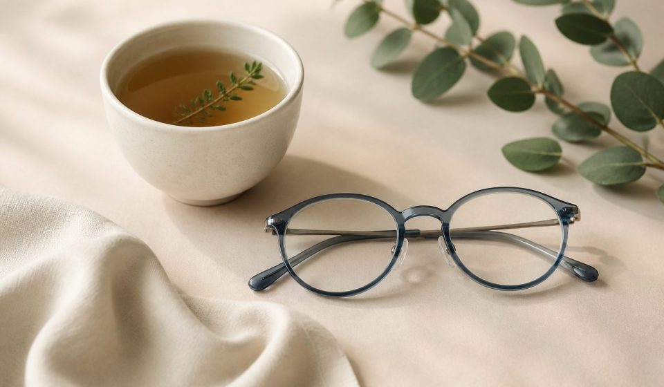 Glasses with a warm cup of herbal tea - illustration for How prolonged screen time impacts your eyes, posture, and sleep