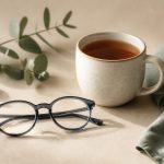 Eyeglasses beside a warm cup of tea - illustration for How prolonged screen time impacts eye strain, posture, and sleep