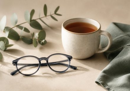Eyeglasses beside a warm cup of tea - illustration for How prolonged screen time impacts eye strain, posture, and sleep
