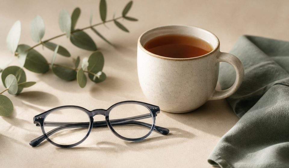Eyeglasses beside a warm cup of tea - illustration for How prolonged screen time impacts eye strain, posture, and sleep