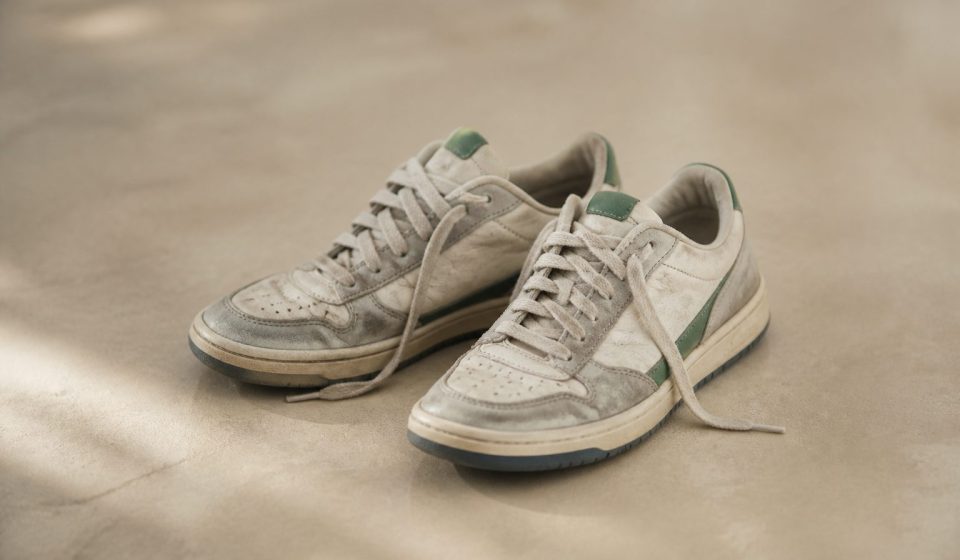 Pair of worn-out sneakers on floor - illustration for How standing too long impacts your body and how to move healthy