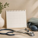 Calendar beside a stethoscope and blood pressure cuff - illustration for How regular medical checkups keep track of your health changes