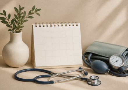 Calendar beside a stethoscope and blood pressure cuff - illustration for How regular medical checkups keep track of your health changes