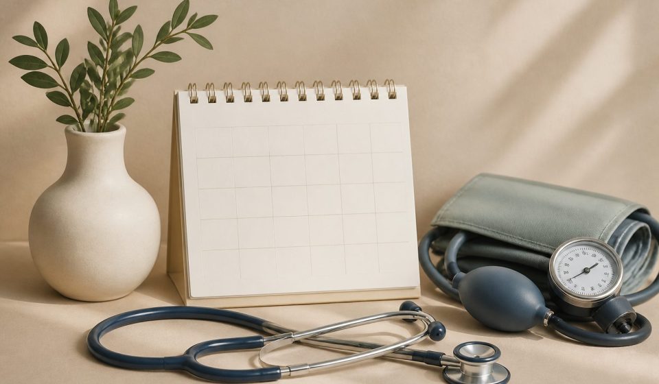 Calendar beside a stethoscope and blood pressure cuff - illustration for How regular medical checkups keep track of your health changes
