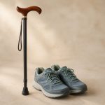Walker cane beside a pair of sturdy sneakers - illustration for How rehabilitation clinics help patients recover strength, mobility, and independence after surgery