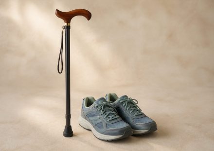 Walker cane beside a pair of sturdy sneakers - illustration for How rehabilitation clinics help patients recover strength, mobility, and independence after surgery
