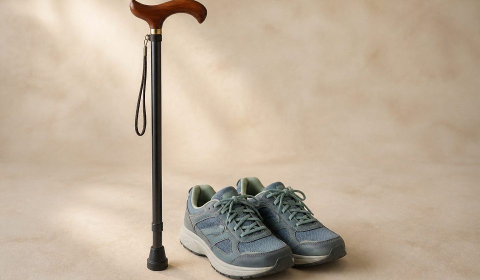 Walker cane beside a pair of sturdy sneakers - illustration for How rehabilitation clinics help patients recover strength, mobility, and independence after surgery