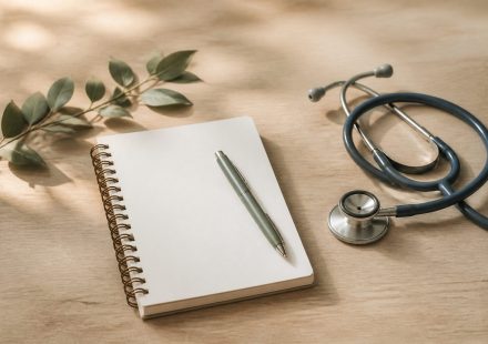 Wooden table with stethoscope and notepad - illustration for How Rural Clinics Are Bridging the Healthcare Gap