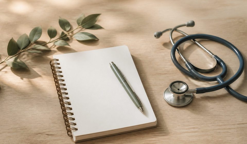Wooden table with stethoscope and notepad - illustration for How Rural Clinics Are Bridging the Healthcare Gap