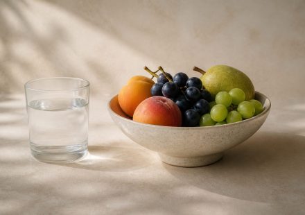 Glass of water beside fresh fruit bowl - illustration for How small daily habits shape your health in the next decade