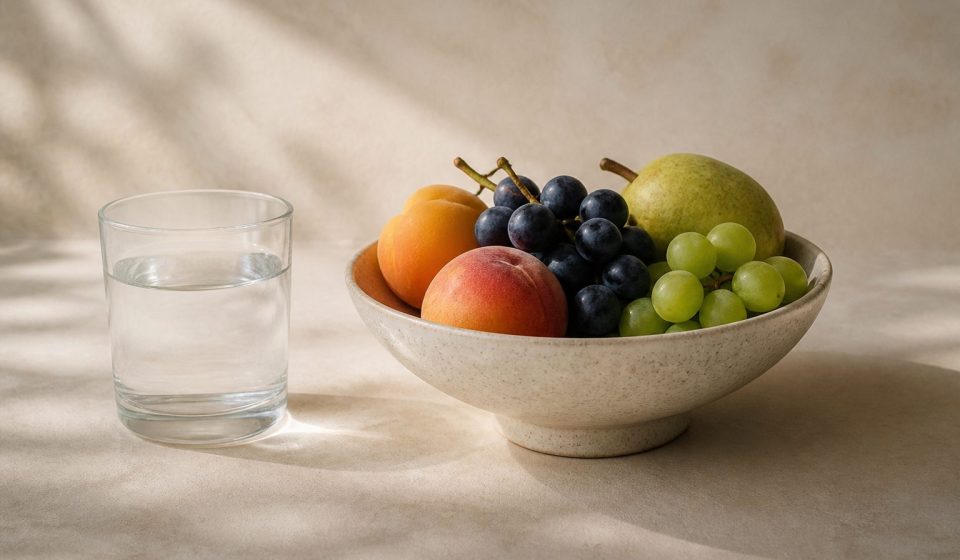 Glass of water beside fresh fruit bowl - illustration for How small daily habits shape your health in the next decade