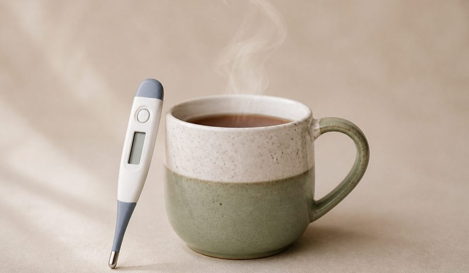 Thermometer beside a steaming hot cup - illustration for How temperature changes impact your body and health